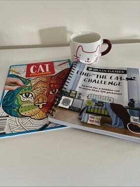 White Ceramic Cat Mug plus Cat Coloring Book and Find the Cat Challenge Book